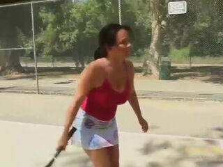 Pepper Ann masturbates her trimmed pussy after tennis.