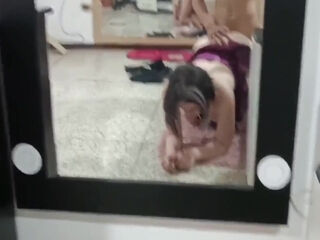 He Fucks His Stepsister In Front Of The Mirror While She Eats A Hottie